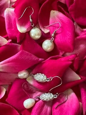 2 Pairs ~ Pearl and Crystal Drop Earrings & White Pearl Earrings